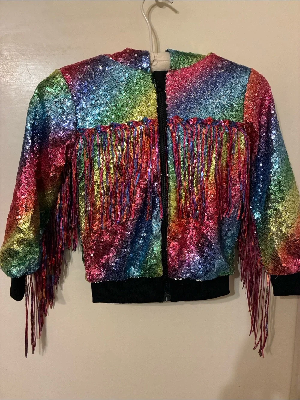 NWT Rainbow Sequin Fringe Bomber Jacket Girls Medium | Y2K| performance wear